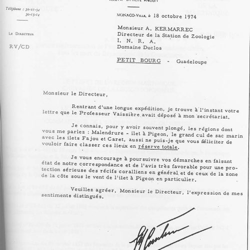 1974 Lettre de recommandation de Cousteau